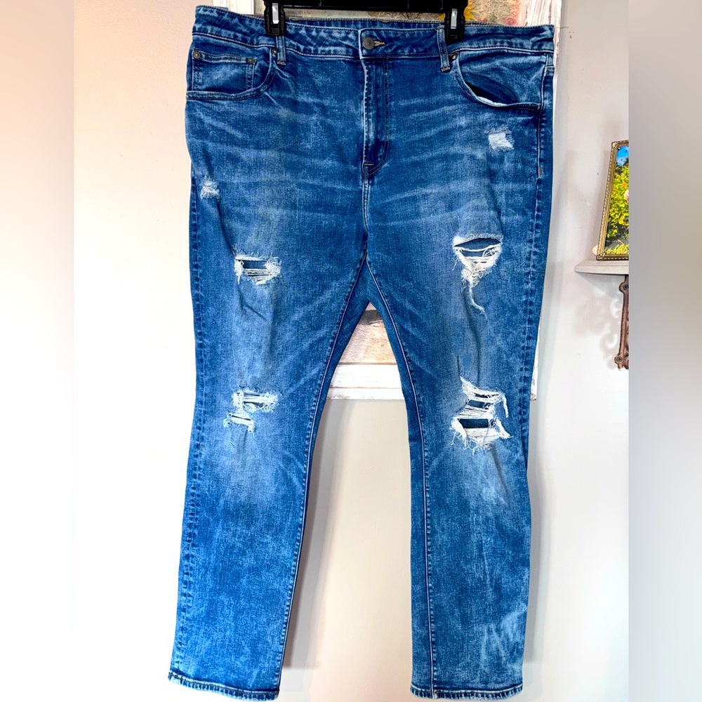 Women's Blue D American Eagle Distressed Flex Slim Jeans 42 X 32 Whisking & Fade